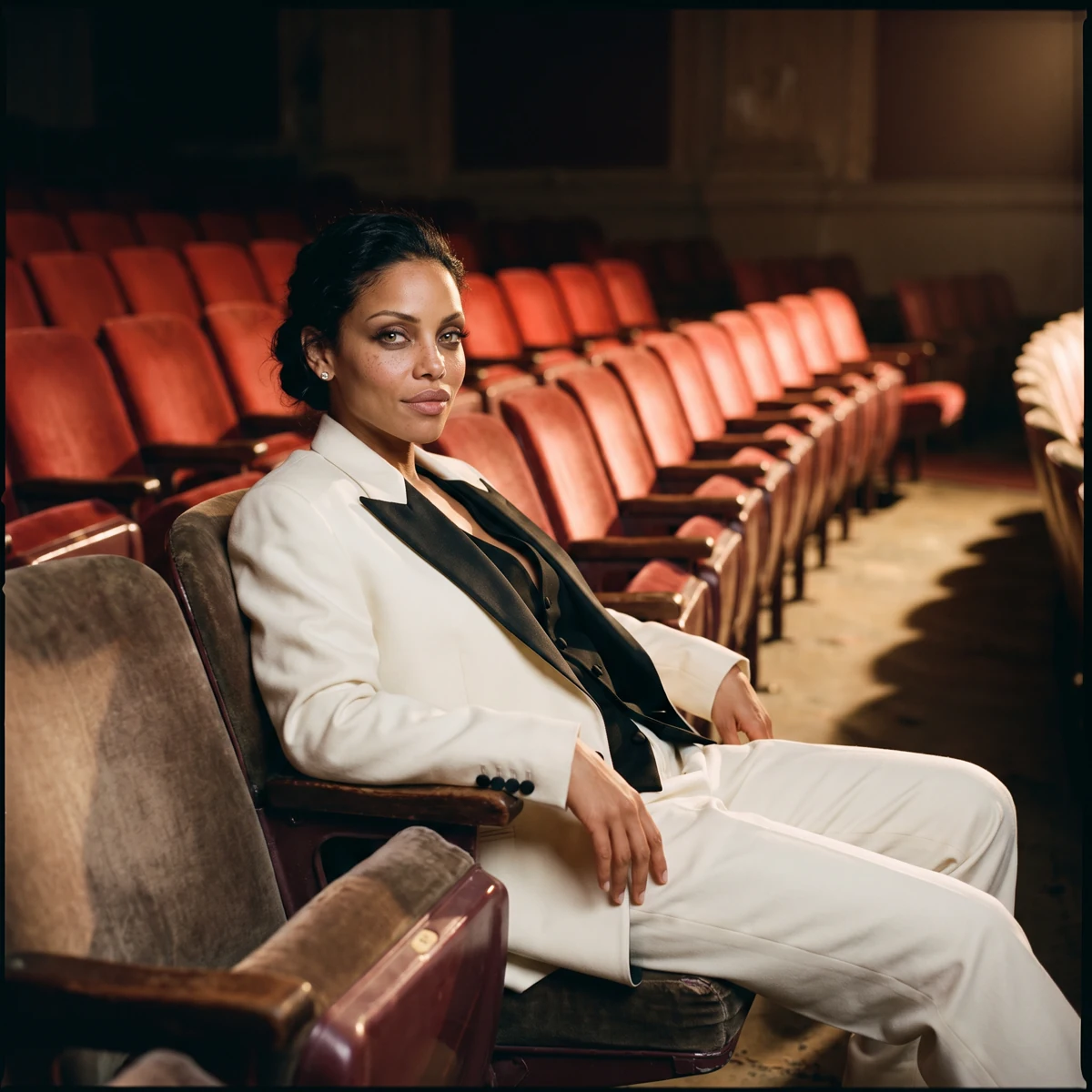 AMirah in an ivory suit among empty crimson theater seats