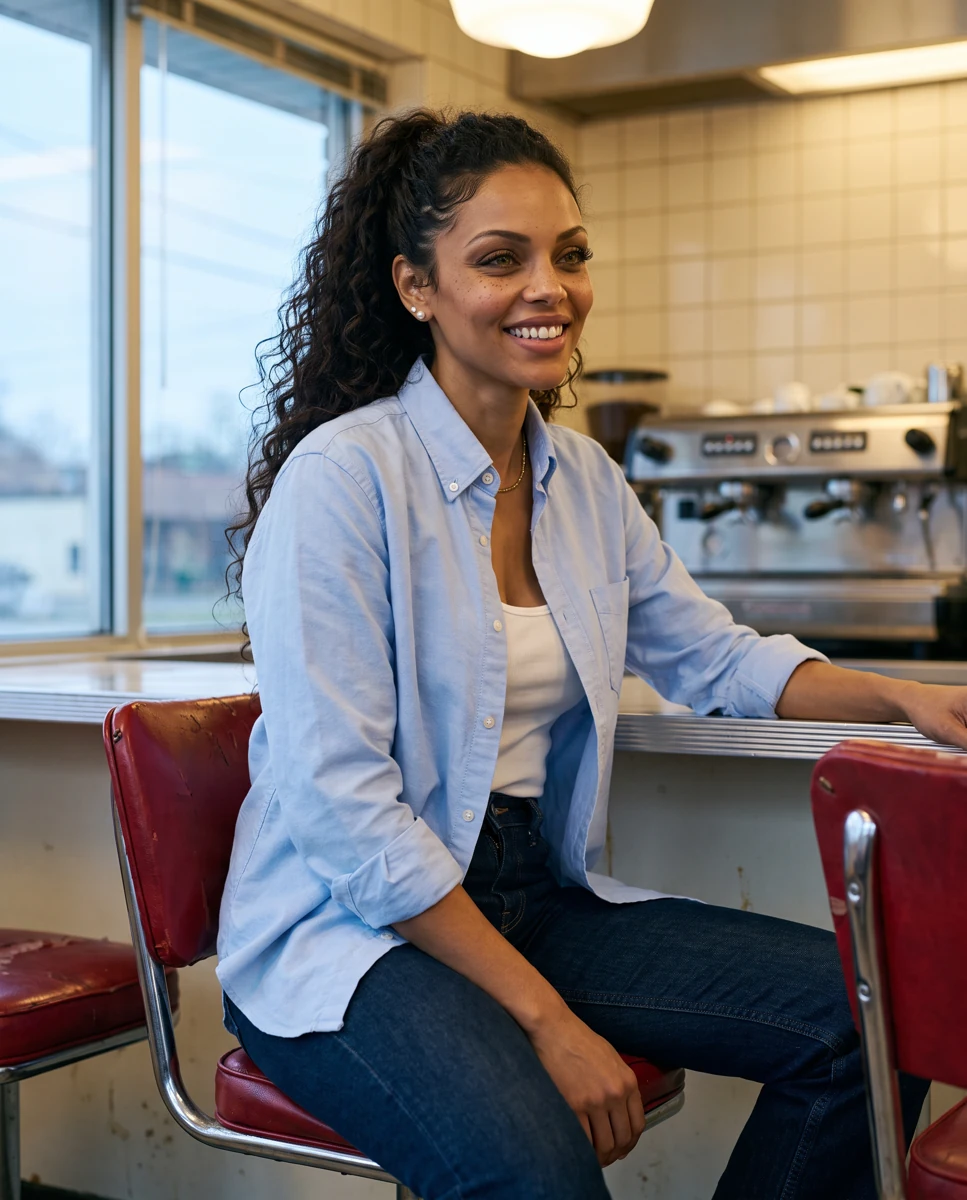 AMirah smiling in a pale-blue shirt in a softly lit diner
