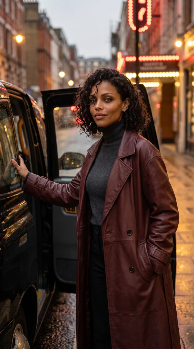 AMirah in a burgundy leather jacket beside a cab on a rain-lit street