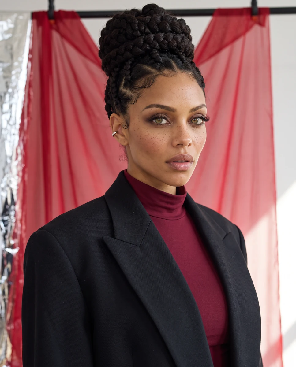 AMirah with a braided updo, burgundy turtleneck and black blazer against crimson fabric